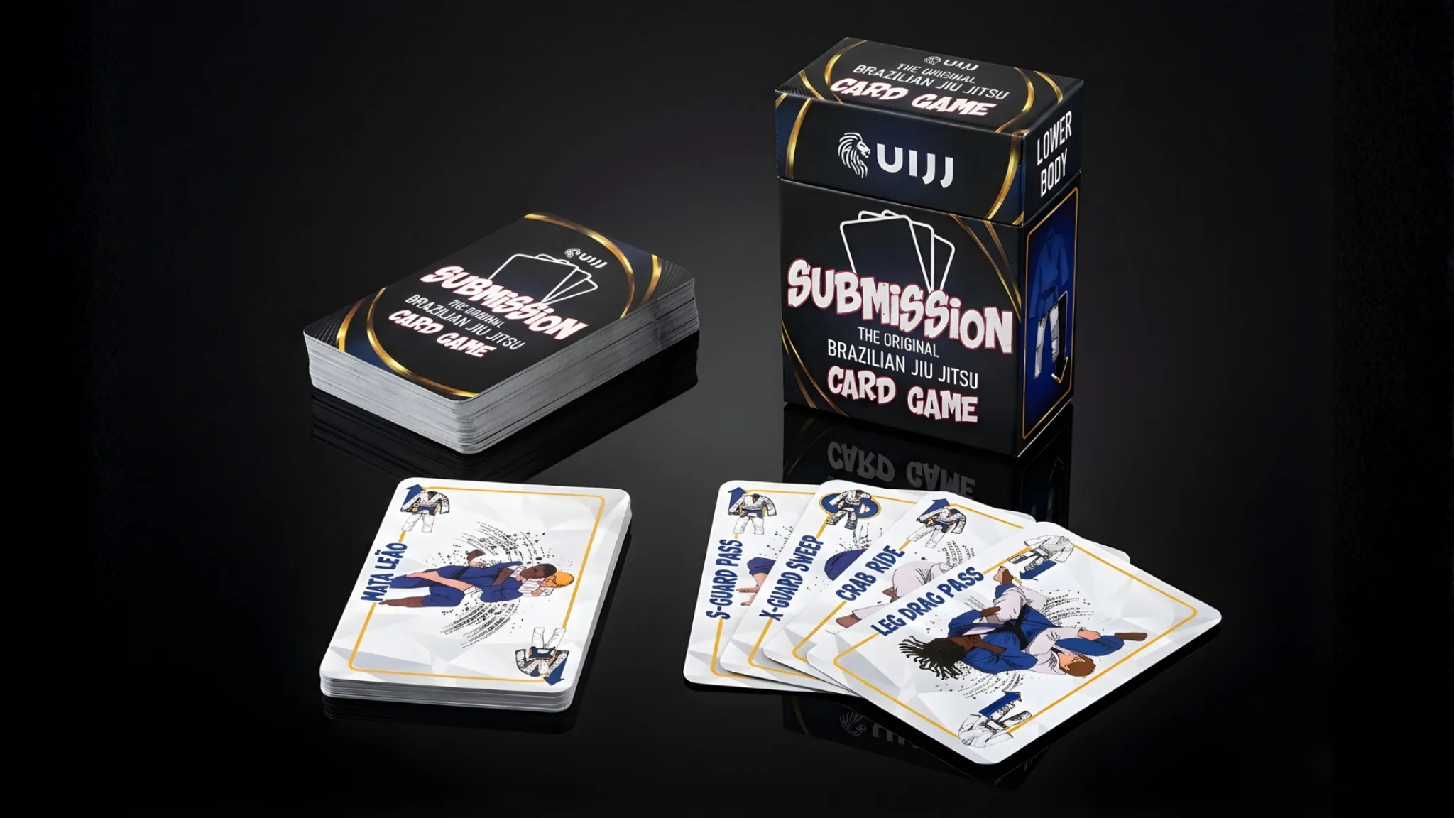 Overhead gameplay scene with cards dealt for two players and one face-up card in the center