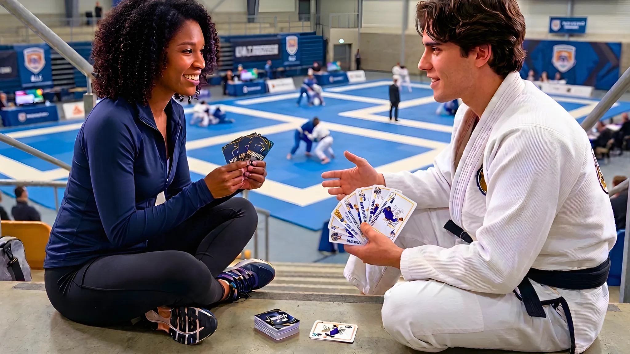 Submission card game presented in an academy or lifestyle setting